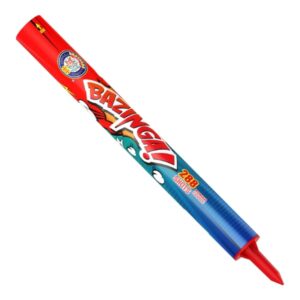 Bazinga 288-shot Roman candle firework shooting vibrant sparks and colorful effects in a dynamic display for celebrations.