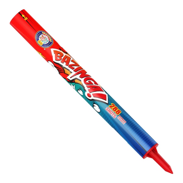 Bazinga 288-shot Roman candle firework shooting vibrant sparks and colorful effects in a dynamic display for celebrations.