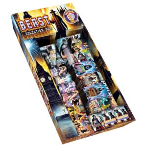 Beast Firework Selection Box with 37 fireworks including barrages, fountains, Roman candles, and a Catherine wheel, perfect for family backyard celebrations.