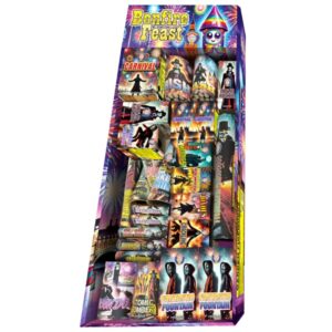 Bonfire Feast Firework Selection Box with 33 fireworks including barrages, fountains, Roman candles, and a Catherine wheel, perfect for family backyard celebrations.