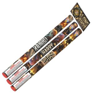Long Shot 3-pack Roman candle fireworks with 15 total shots, showing colorful bursts and bright trails against the night sky.