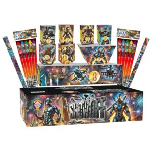 Show Off Mega Display Crate of fireworks with 300-shot cake, fanned cake, rockets, Roman candles, and over 500 shots for a spectacular display.
